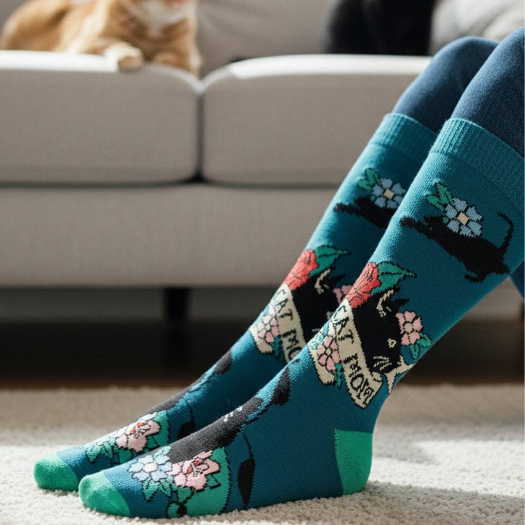 Cat Mom Socks - Teal - Crew Socks S/M