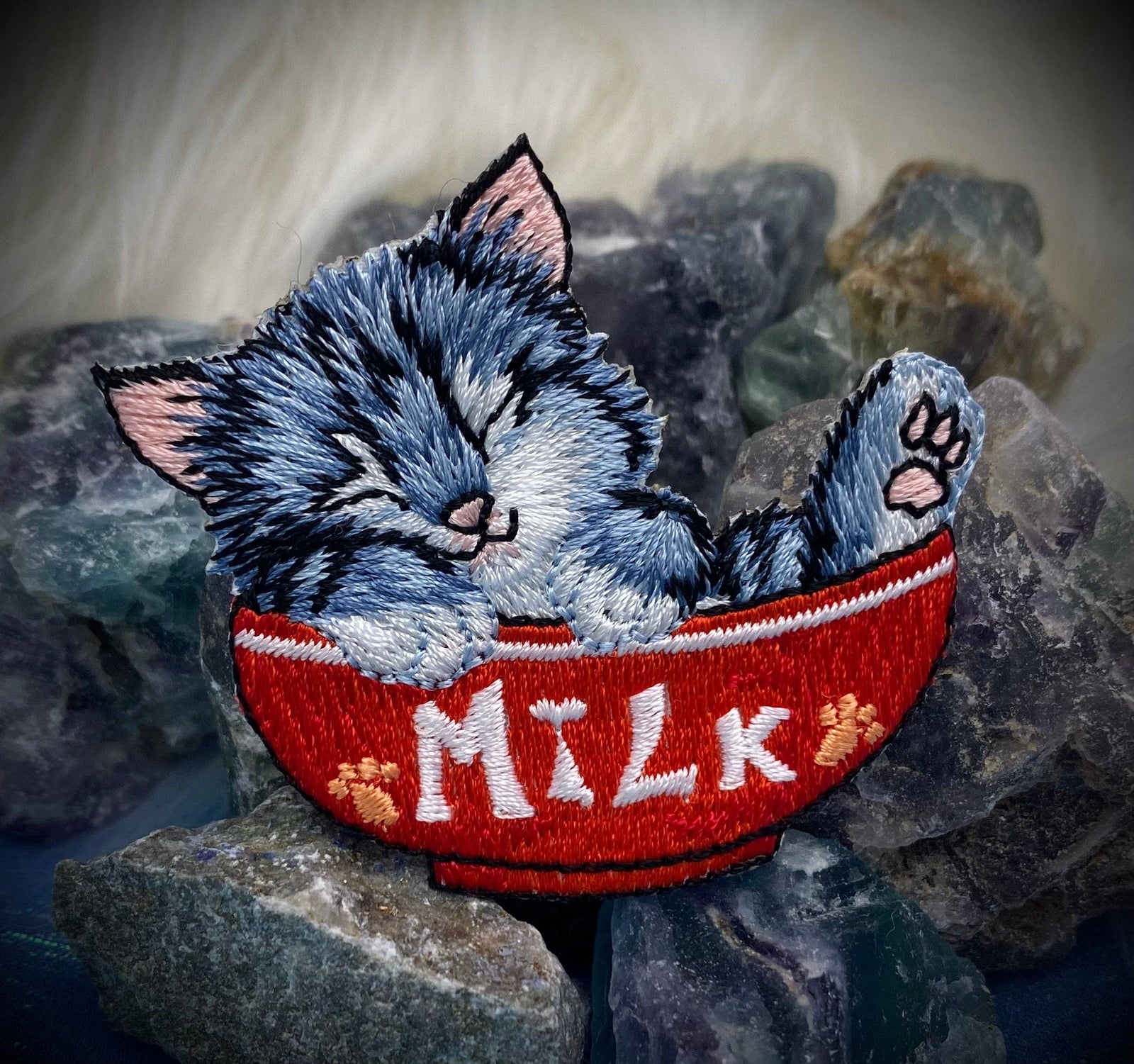 Cat in Red Milk Bowl - Embroidered Iron on Patch