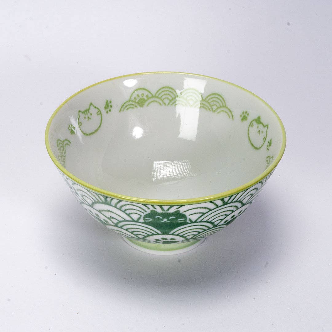 Seikaiha Neko Design - Green - Porcelain Rice Bowl