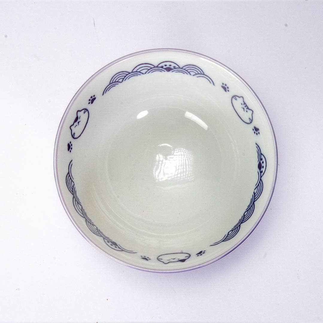 Seikaiha Neko Design - Purple - Porcelain Rice Bowl