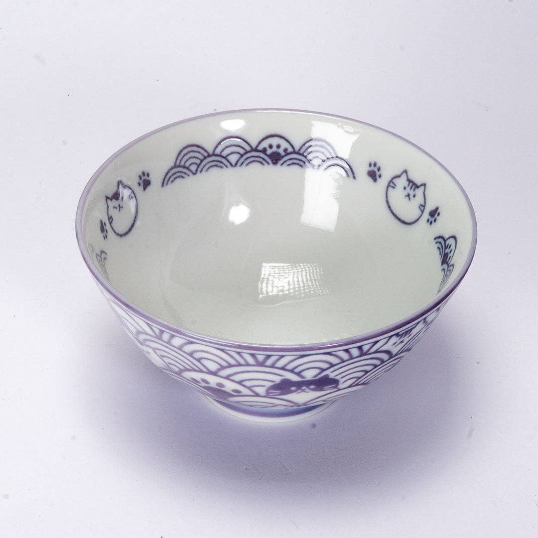 Seikaiha Neko Design - Purple - Porcelain Rice Bowl
