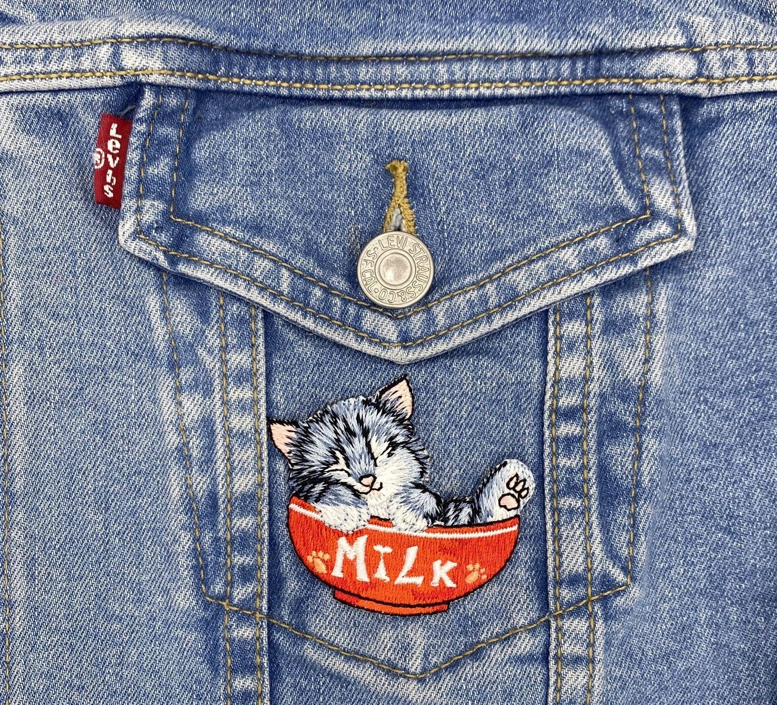 Cat in Red Milk Bowl - Embroidered Iron on Patch