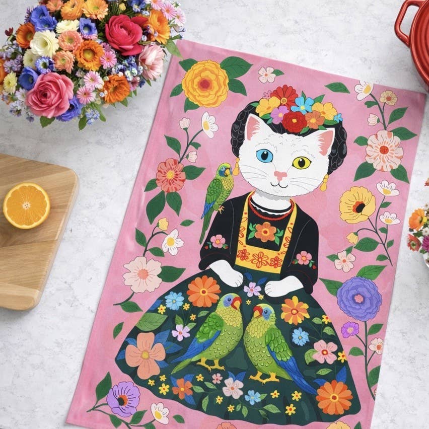 White Cat Portrait of Frida Catlo - Tea Towel
