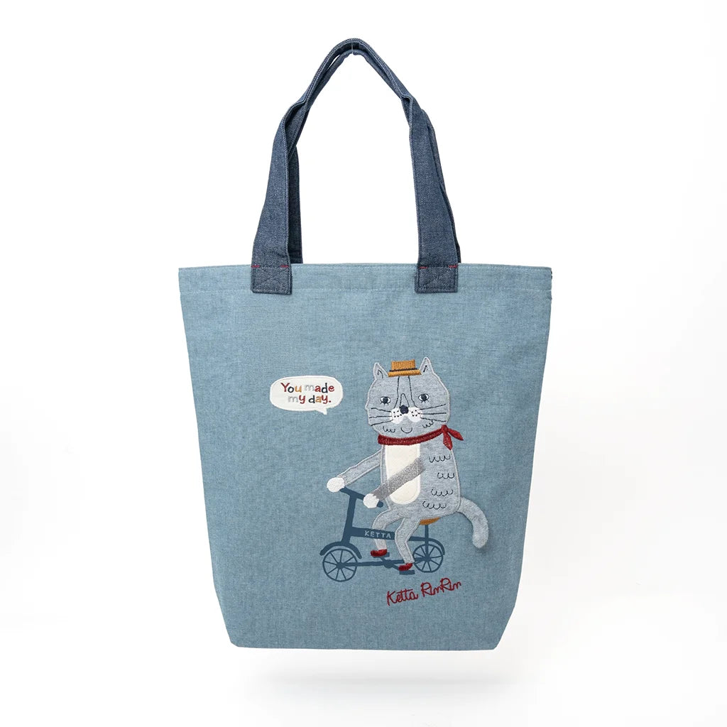Biking Cat - Embroidered Tote Bag – Blue