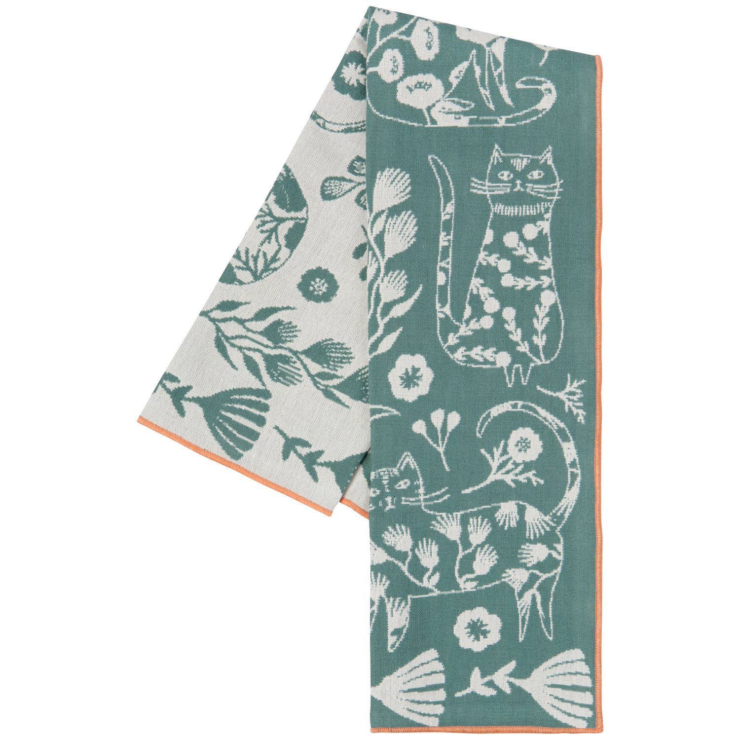 Floral Cats on Teal - Double Cloth Dishtowel