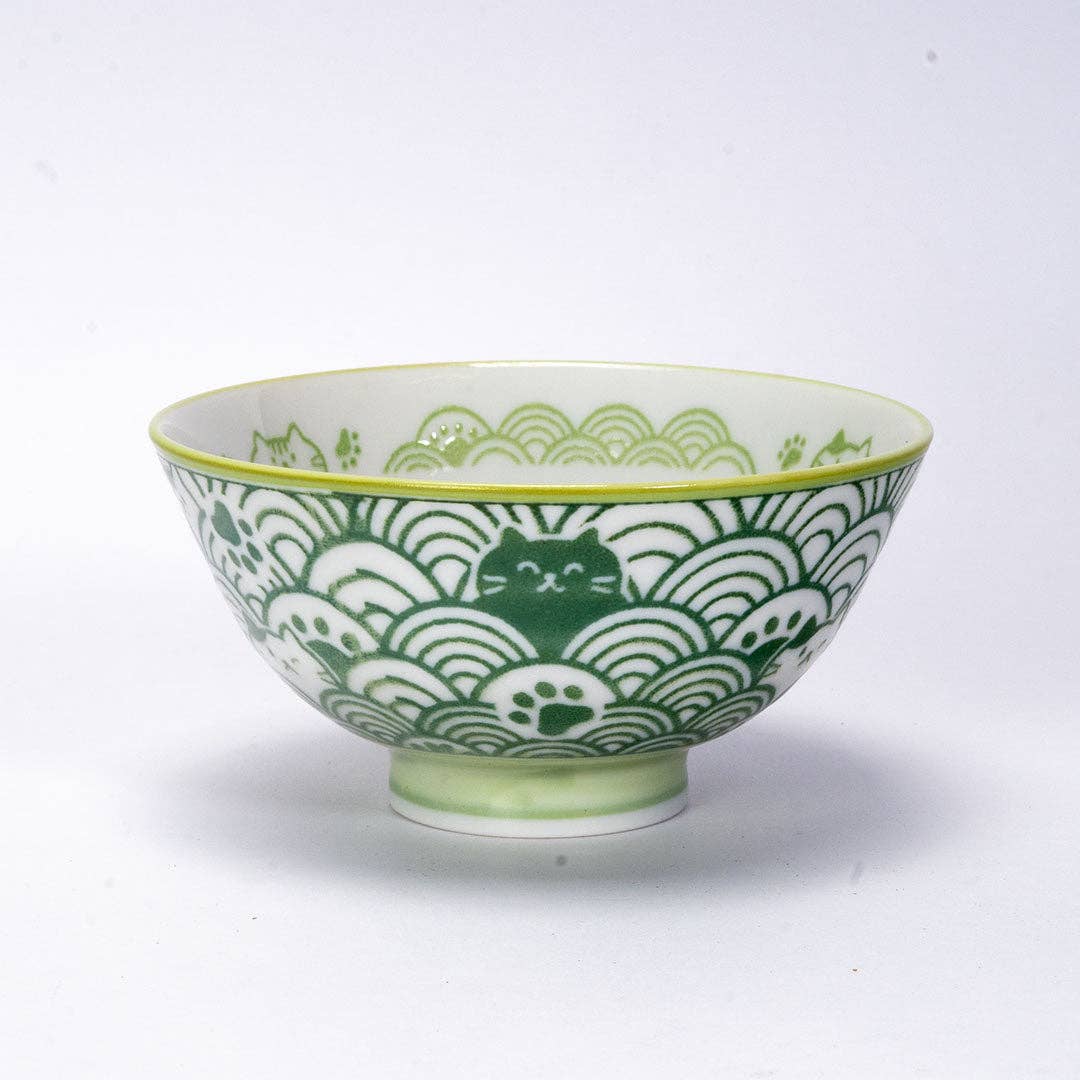 Seikaiha Neko Design - Green - Porcelain Rice Bowl