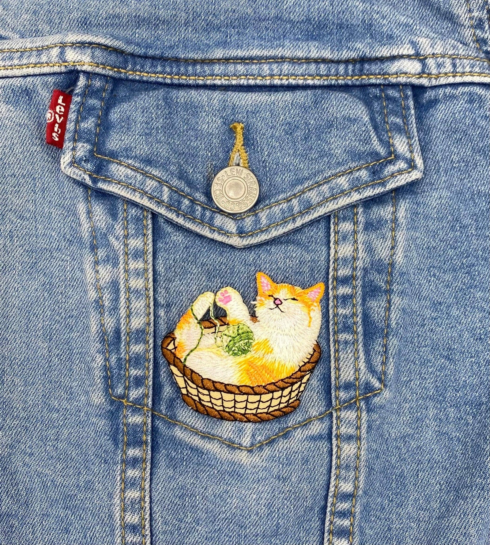 Orange and White Cat in Basket, Playing with Yarn Ball - Embroidered Iron on Patch