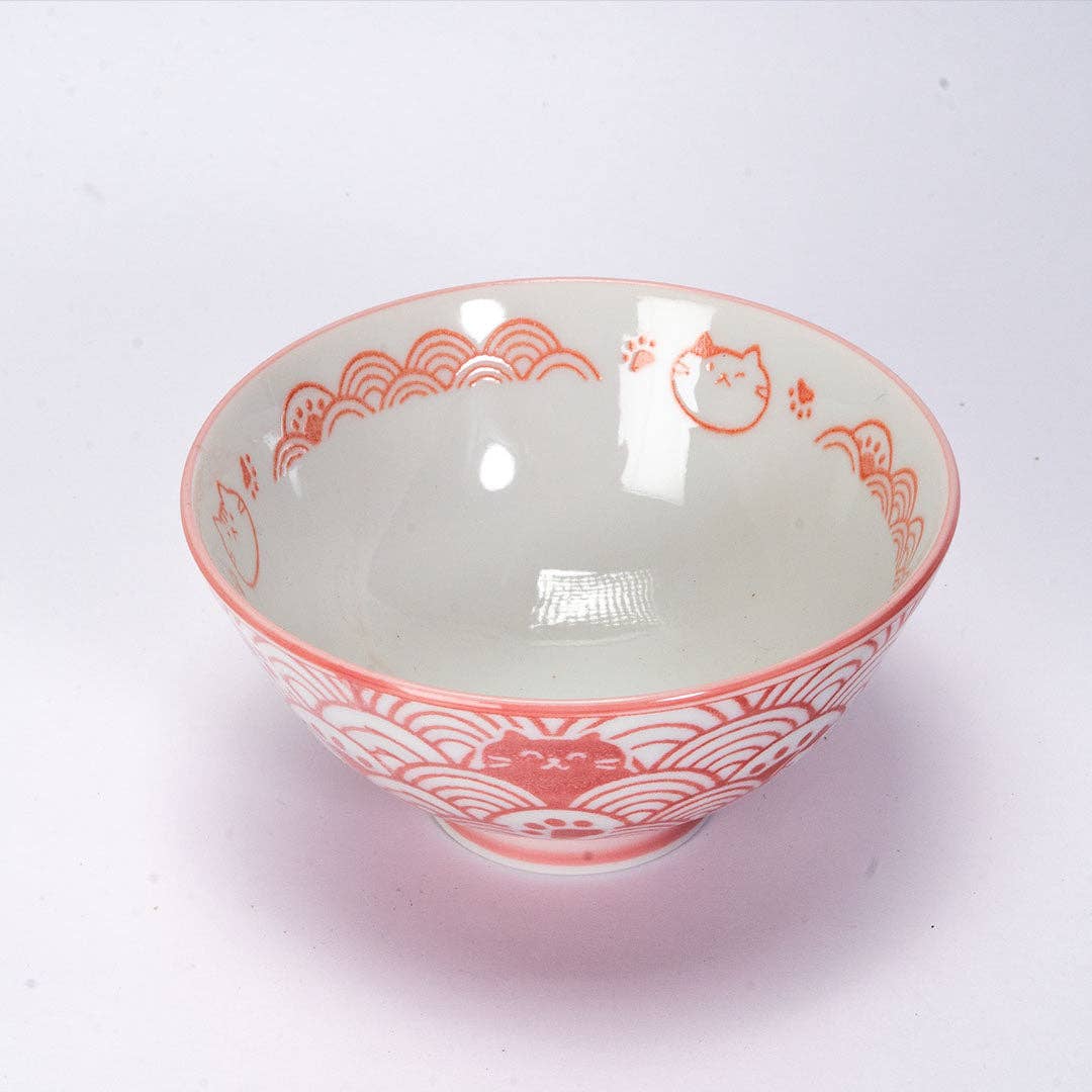 Seikaiha Neko Design - Red - Porcelain Rice Bowl