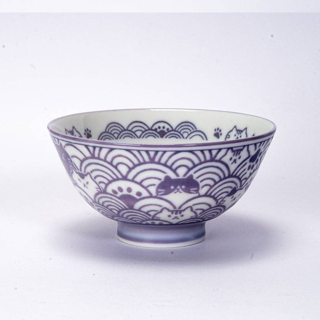Seikaiha Neko Design - Purple - Porcelain Rice Bowl