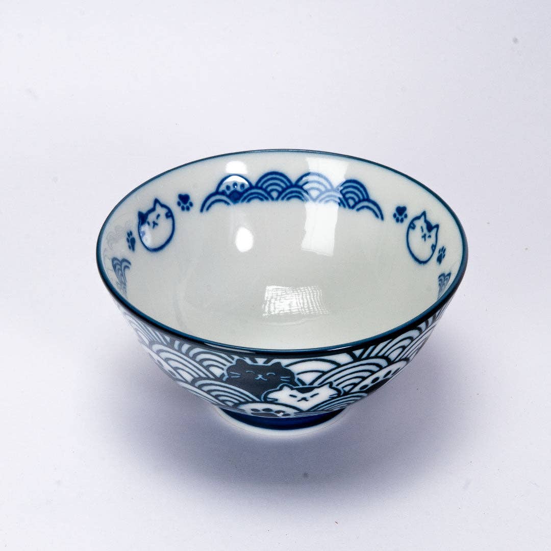 Seikaiha Neko Navy - Porcelain Rice Bowl