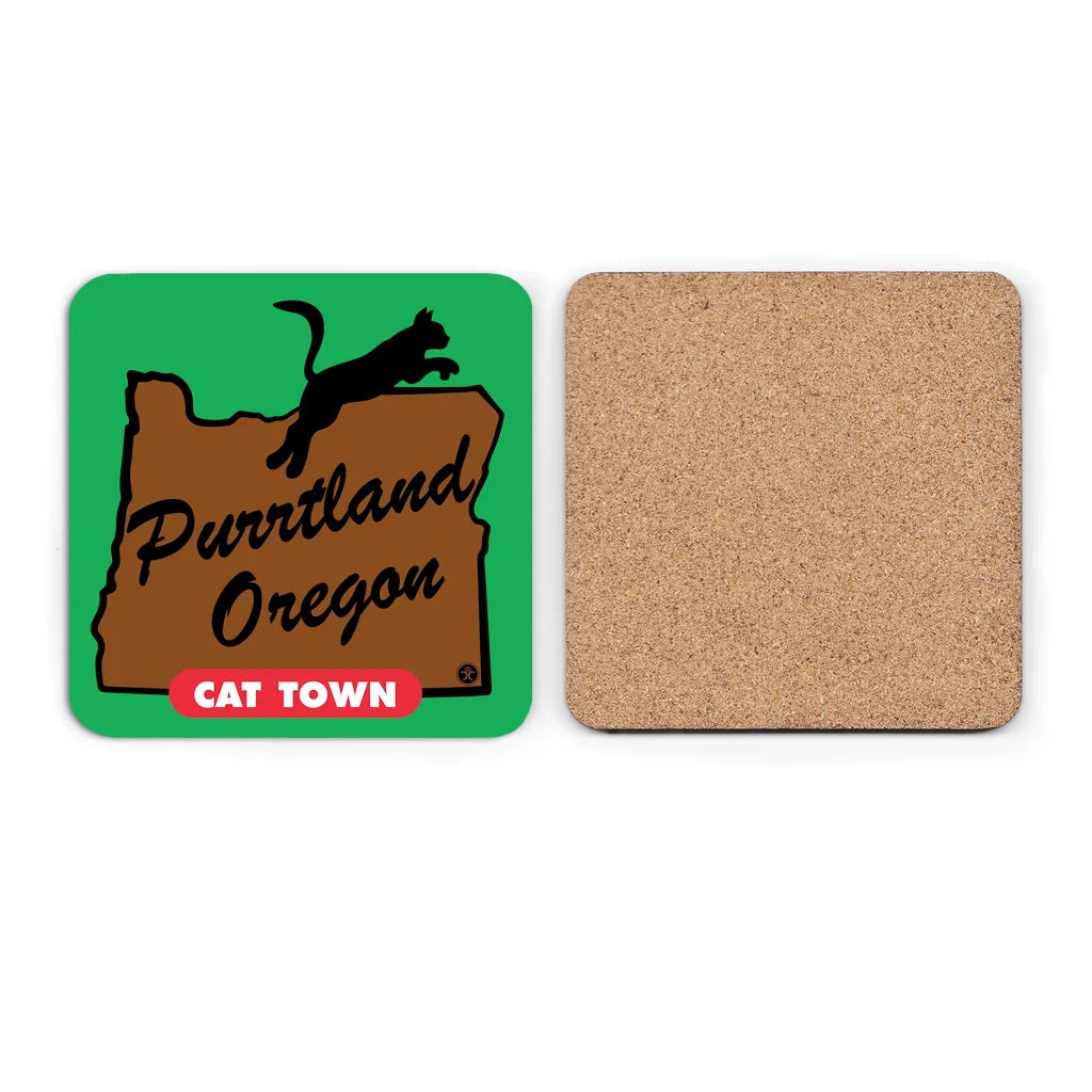 Black Cat Purrtland Cat Town - Green/Tan - Cork Coaster