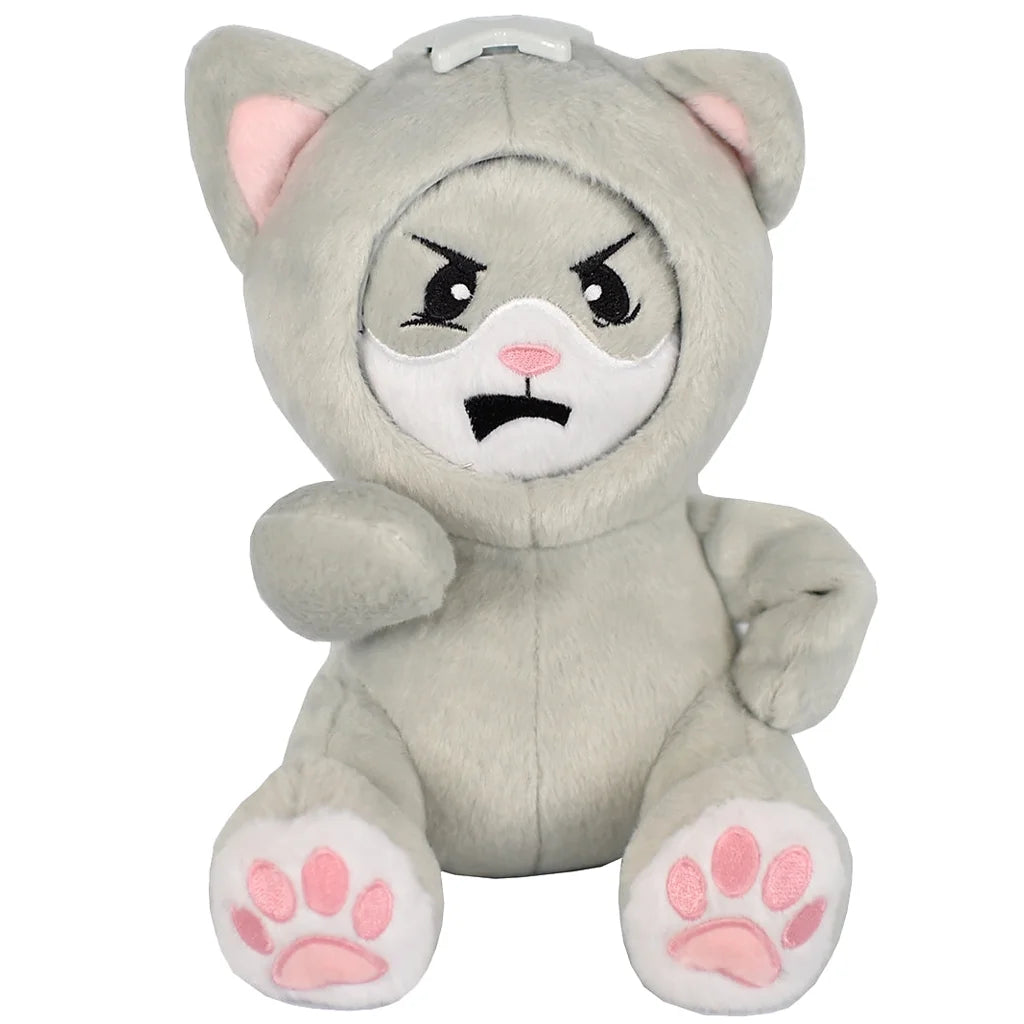 Angry plush toy cat with an angry expression on a white background