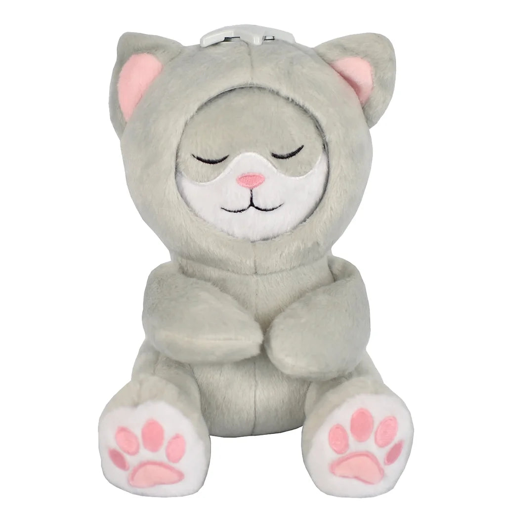 Sleepy gray plush cat toy with pink accents on a white background