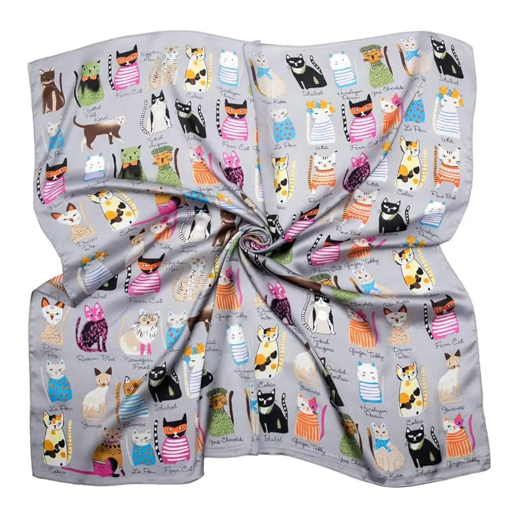 Colorful Cats In Grey - Vegan Silk Scarf
