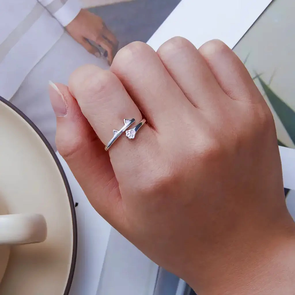 Pink Ears & Heart Paw - Sterling Silver Ring