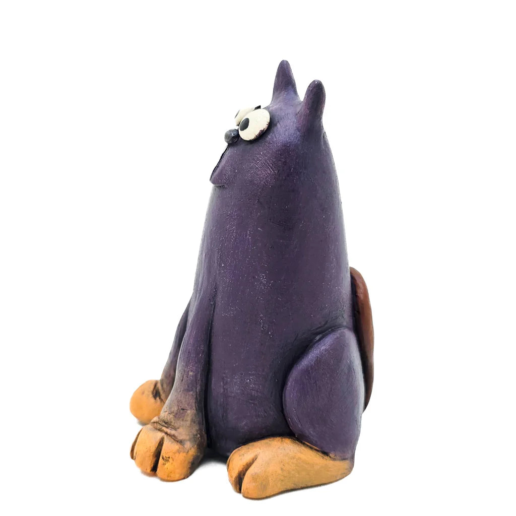 Sitting Deep Purple Smiley Cat - Original Ceramic Figurine