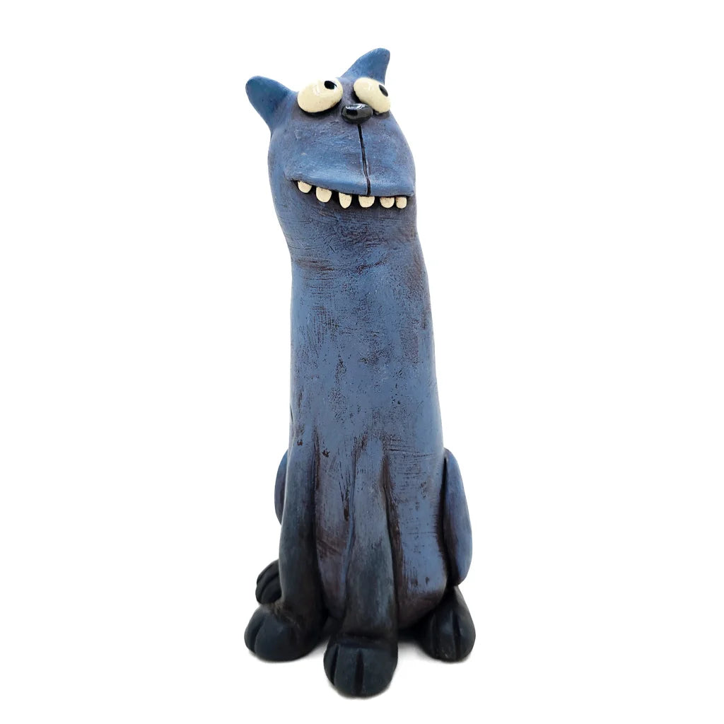 Sitting Quirky Blue Cat - Original Ceramic Figurine