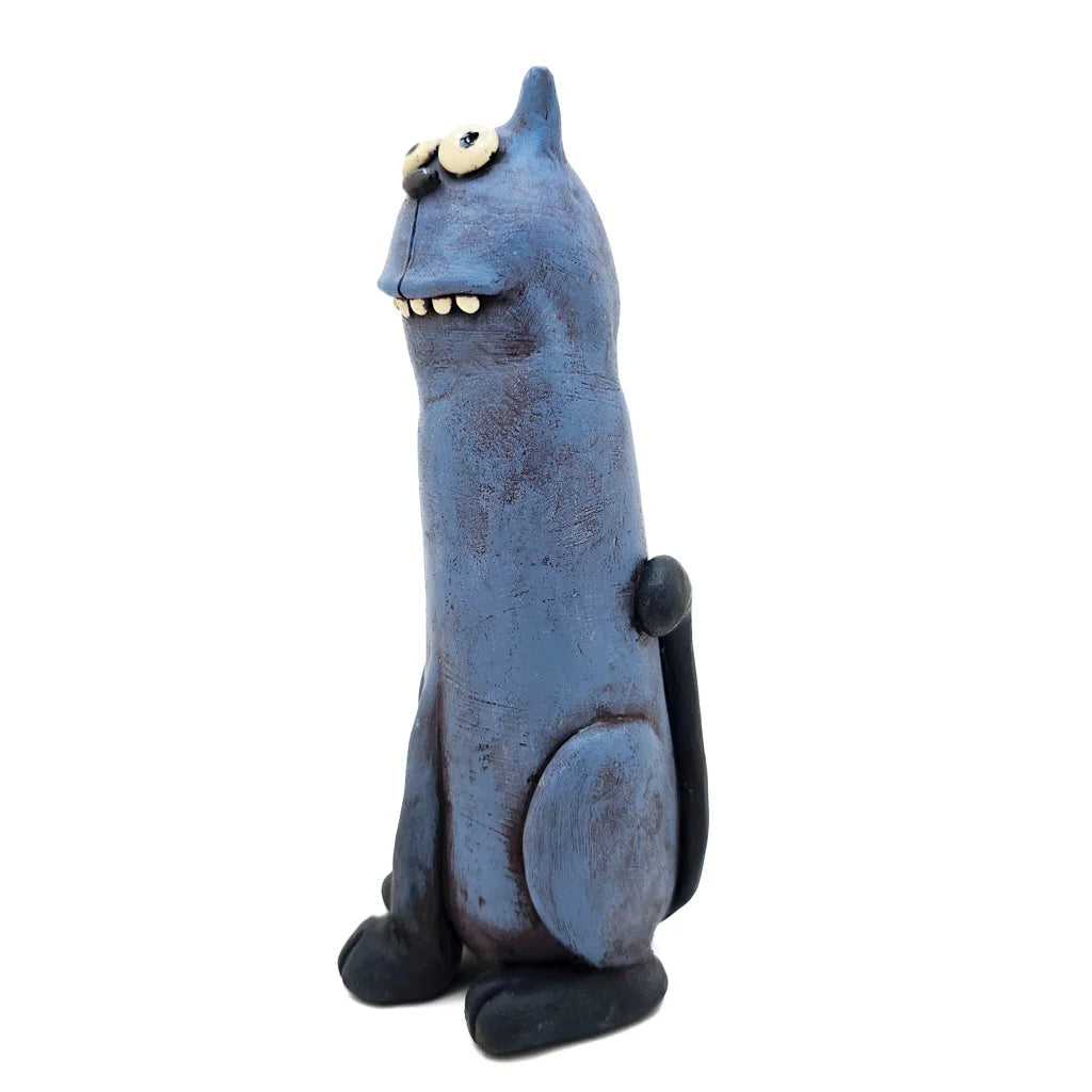 Sitting Quirky Blue Cat - Original Ceramic Figurine