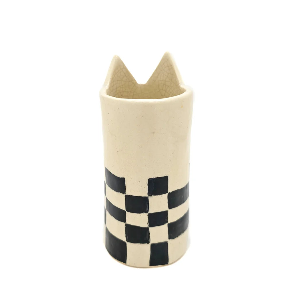 Checkered Cat Vase - Handmade Ceramic