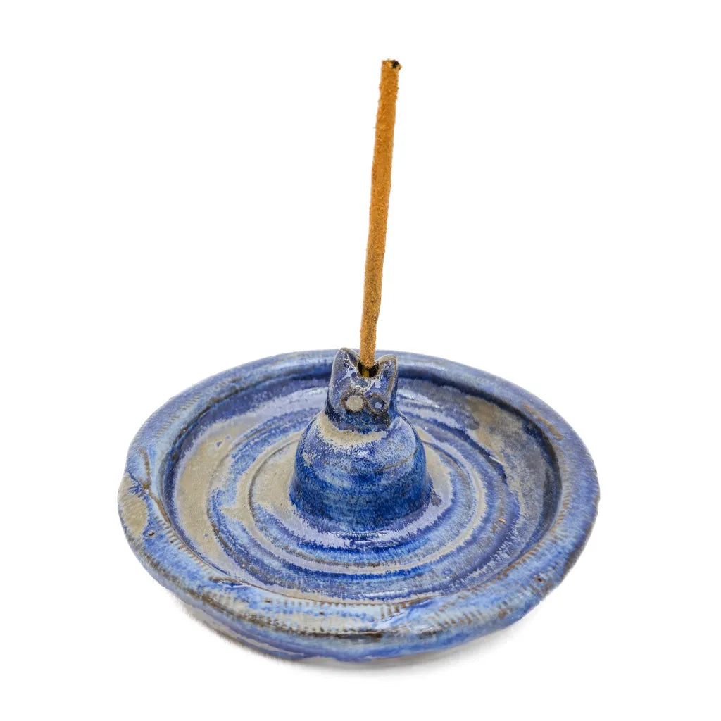 Blue Grey Zen Kitty - Handmade Ceramic Incense Burner