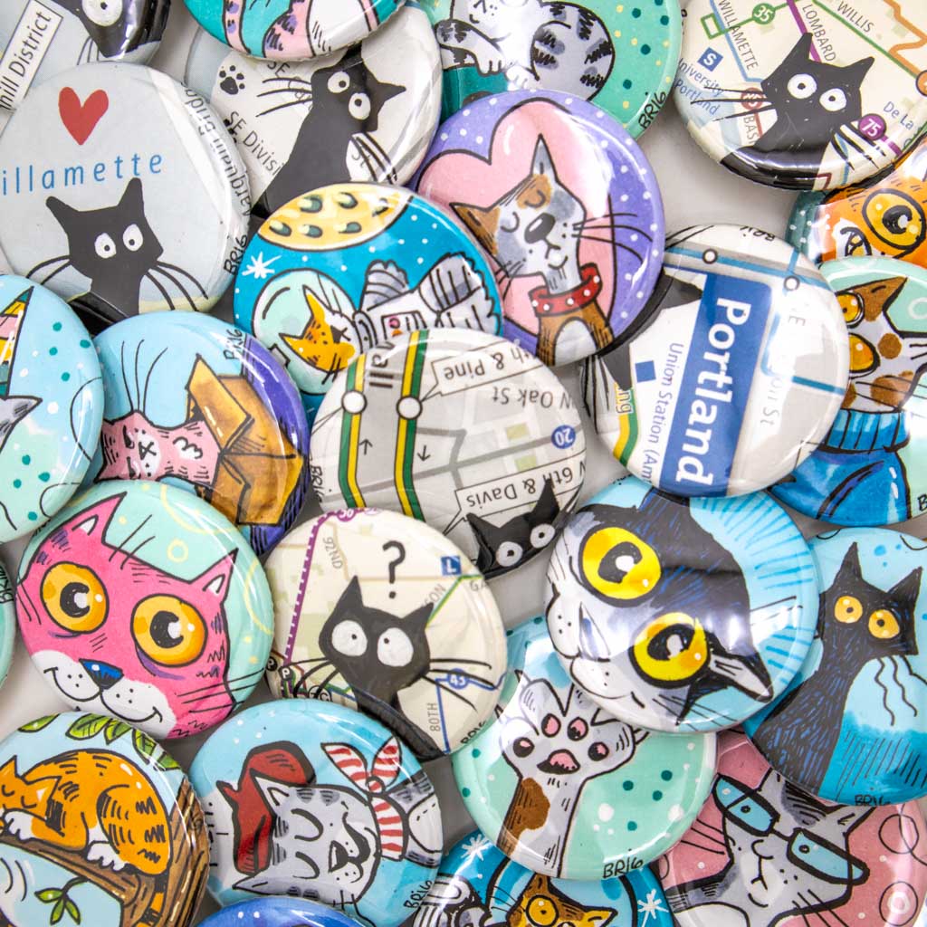 Hand Painted Cartoon Cat - Buttons