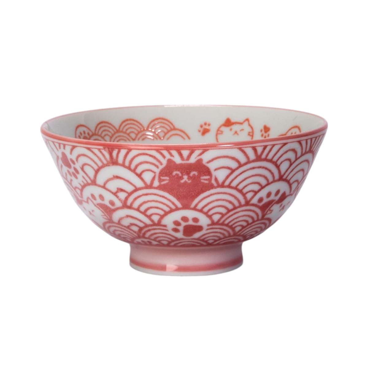 Seikaiha Neko Design - Red - Porcelain Rice Bowl