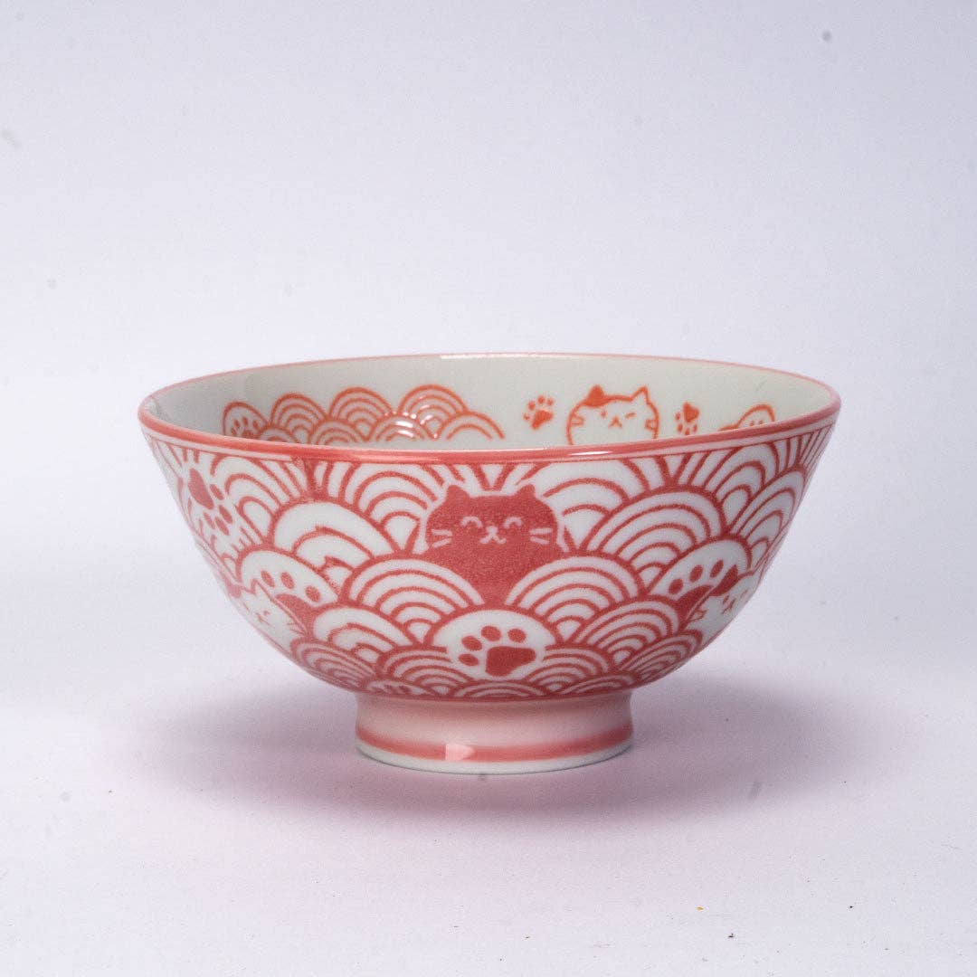 Seikaiha Neko Design - Red - Porcelain Rice Bowl