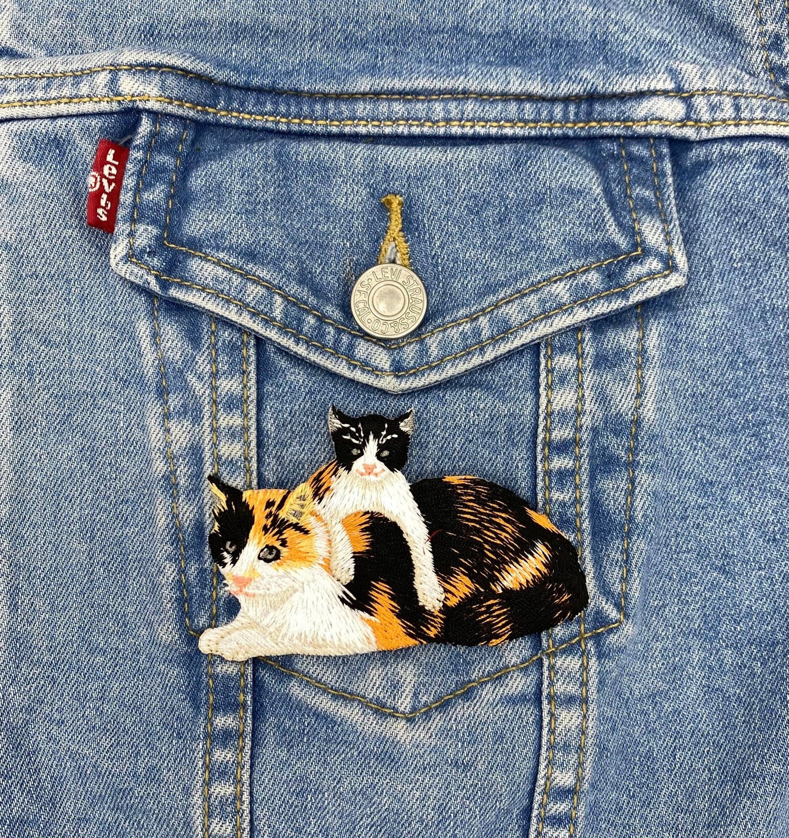 Calico Mother Cat and Kitten - Embroidered Iron on Patch