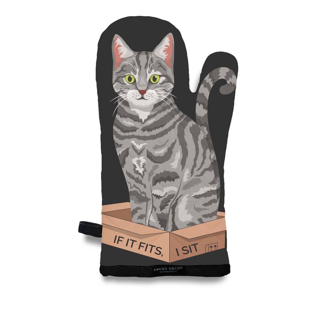 Gray Tabby Kitty Cat If It Fits, I Sit - Oven Mitt 