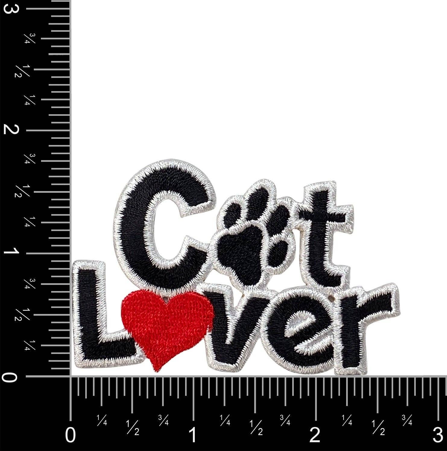 Cat Lover with Red Heart, Black Paw Print - Embroidered Iron-on Patch