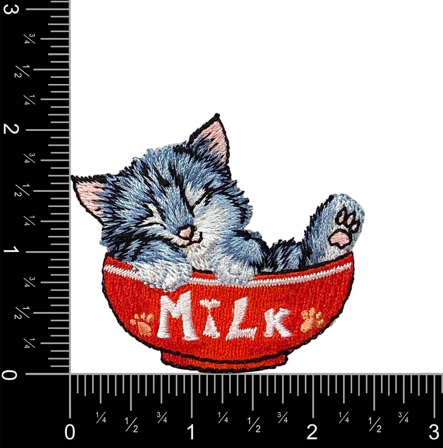 Cat in Red Milk Bowl - Embroidered Iron on Patch