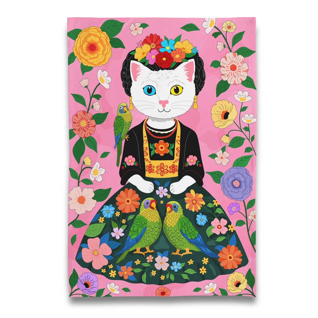 White Cat Portrait of Frida Catlo - Tea Towel