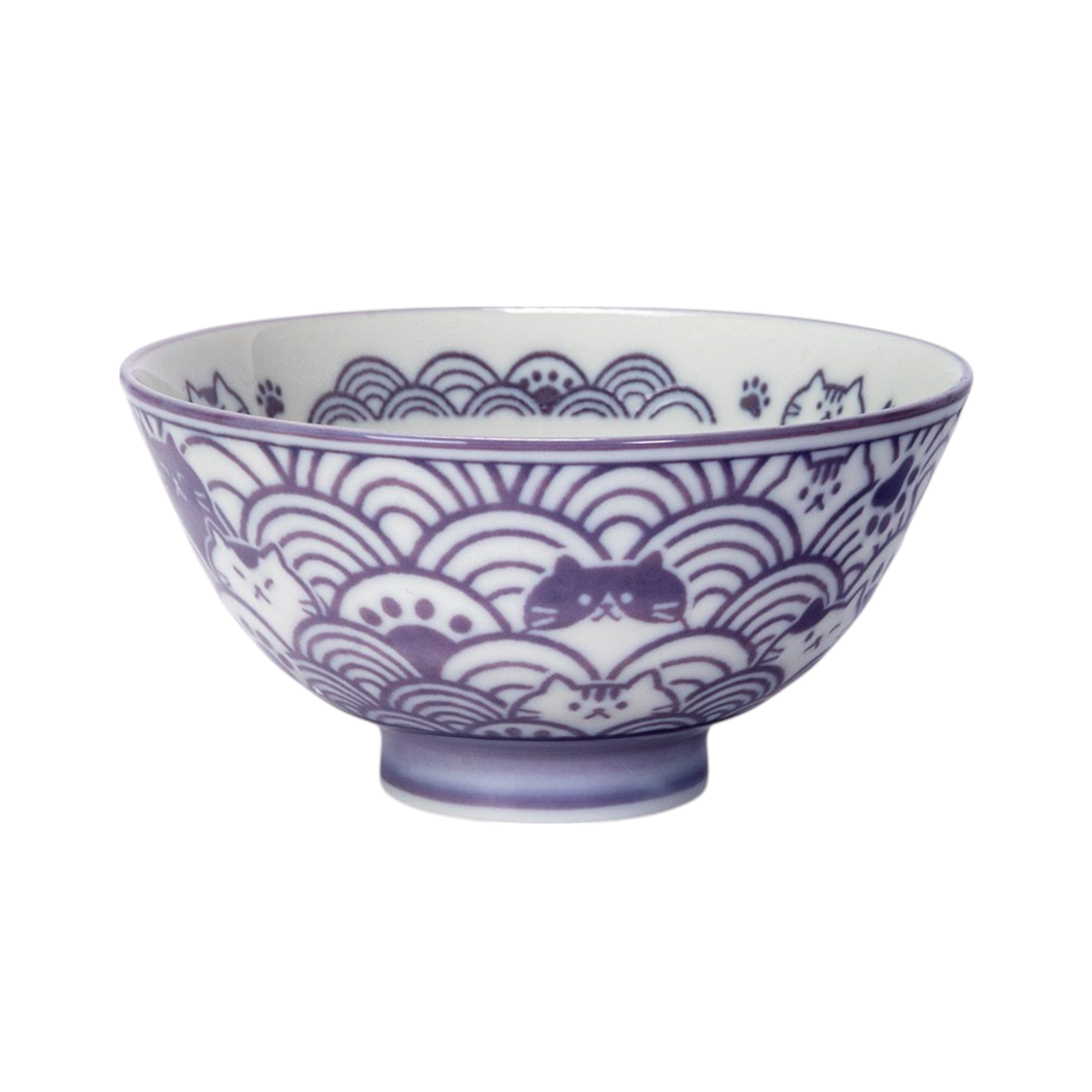 Seikaiha Neko Design - Purple - Porcelain Rice Bowl