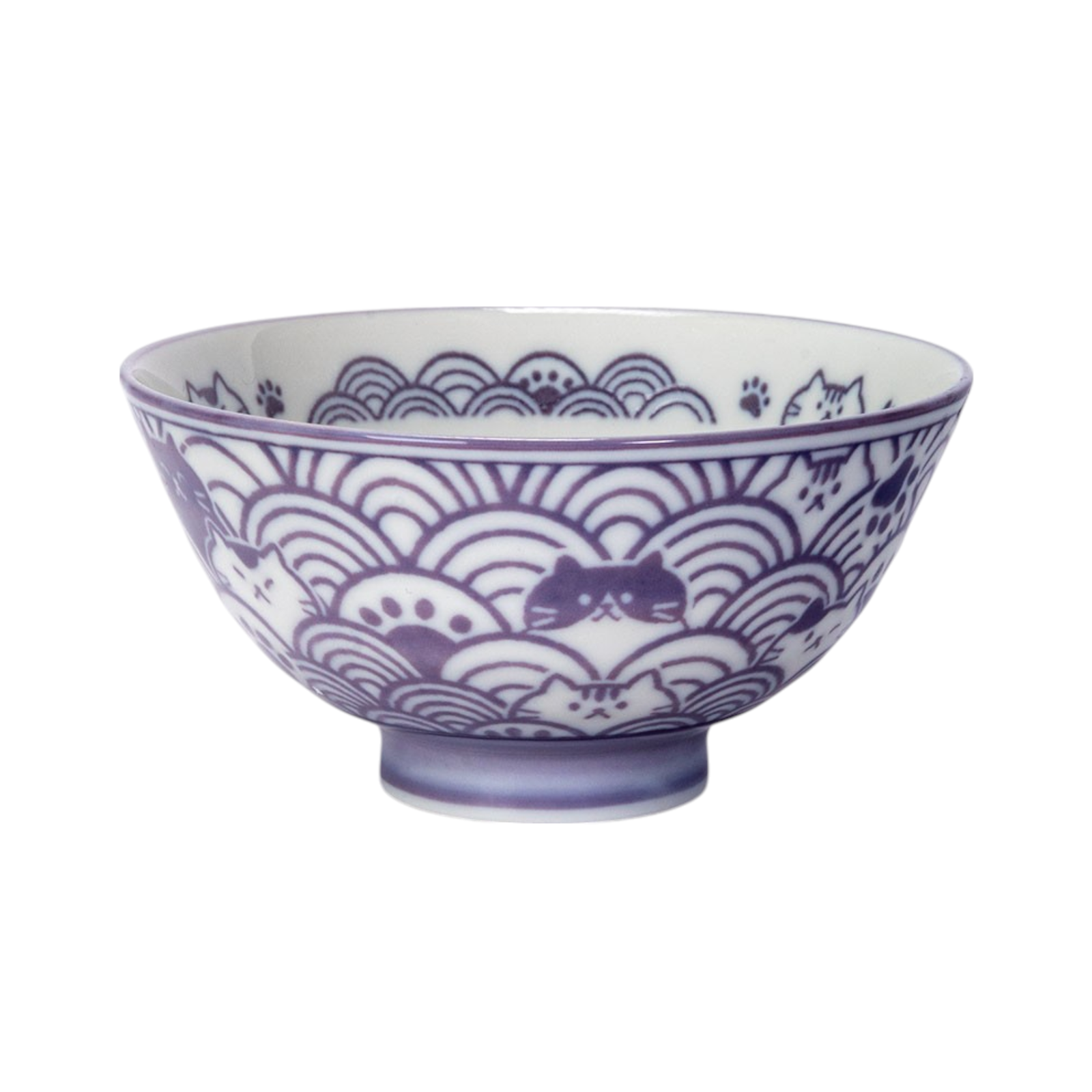Seikaiha Neko Design - Purple - Porcelain Rice Bowl