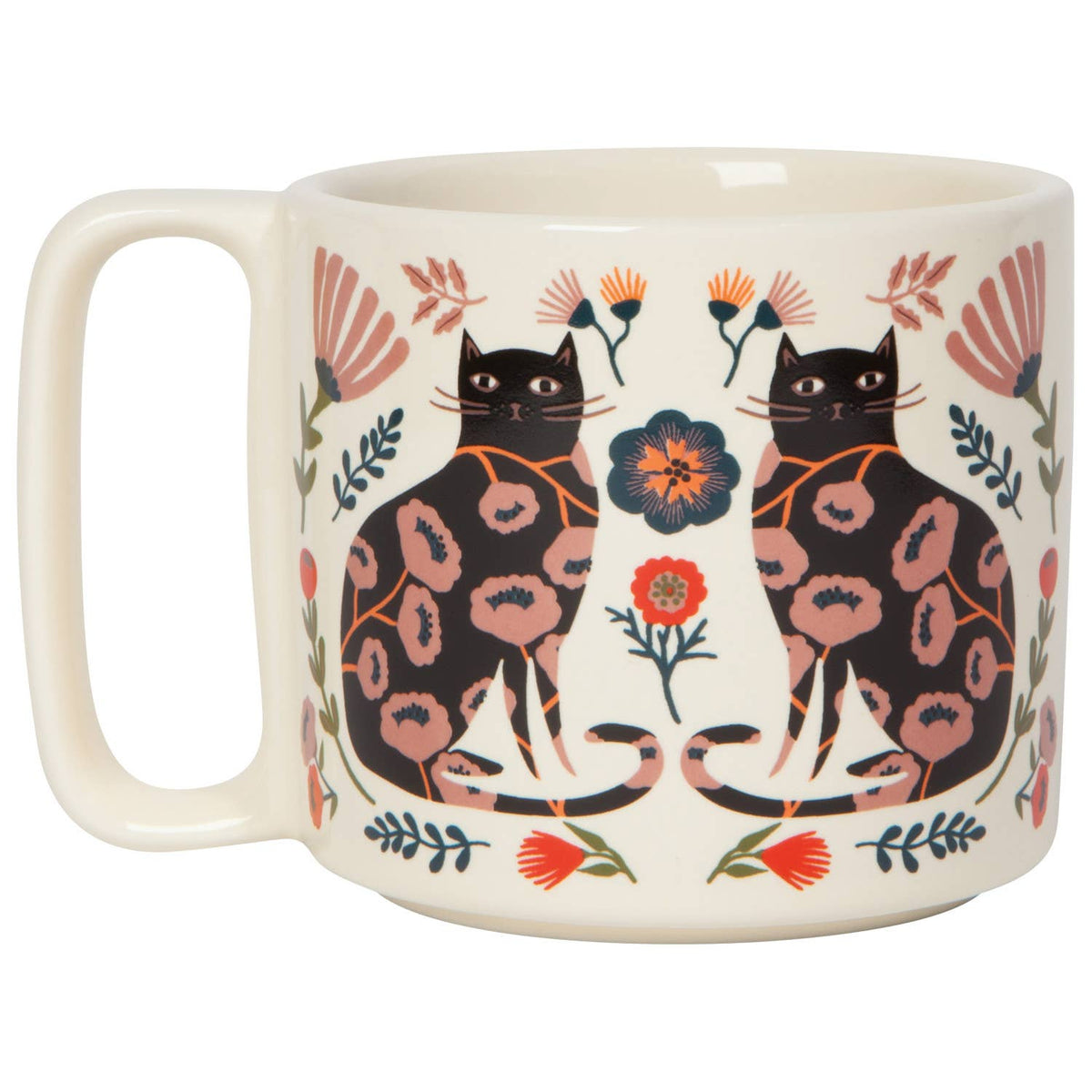 Black Floral Cats - Ceramic Mug - 11oz