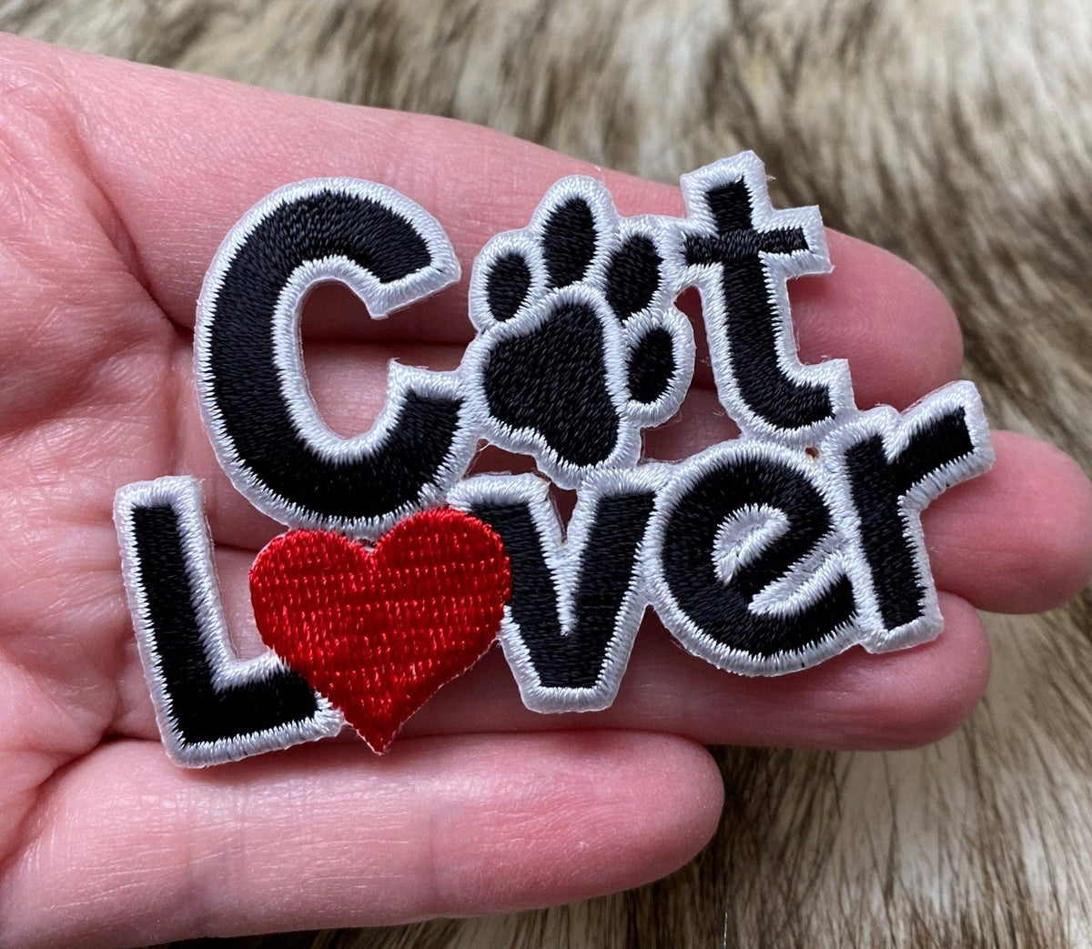 Cat Lover with Red Heart, Black Paw Print - Embroidered Iron-on Patch