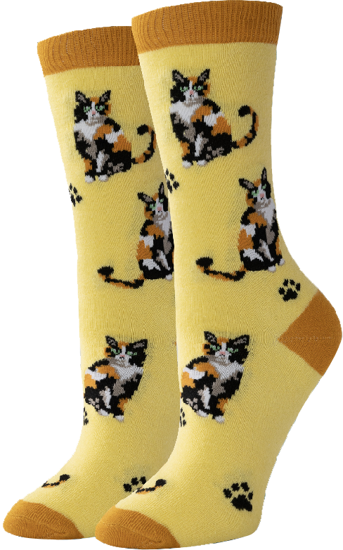 Calico Cat Socks - Yellow - Crew Socks S/M