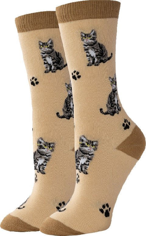 Silver Tabby Cat - Tan - Crew Socks S/M