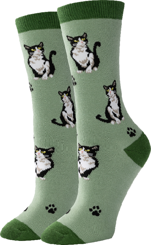 Tuxedo Cat - Green - Crew Socks S/M