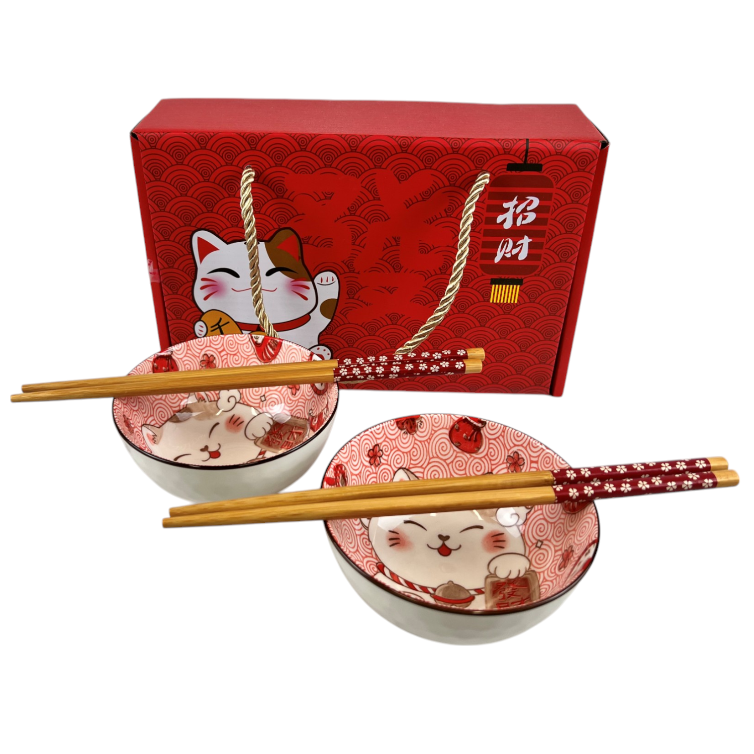 Maneki Neko Lucky Cat - Set of 2 Rice Bowls With Chopsticks