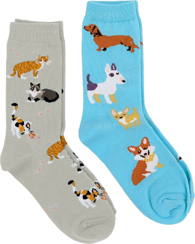 Dogs & Cats 2-Pack - Kids Crew Socks - Ages 7-10