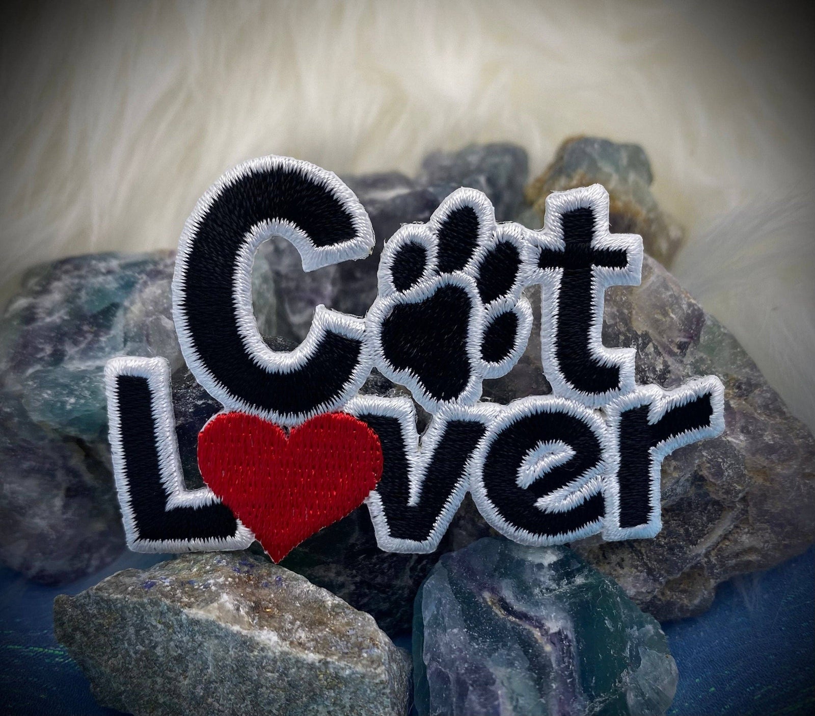 Cat Lover with Red Heart, Black Paw Print - Embroidered Iron-on Patch