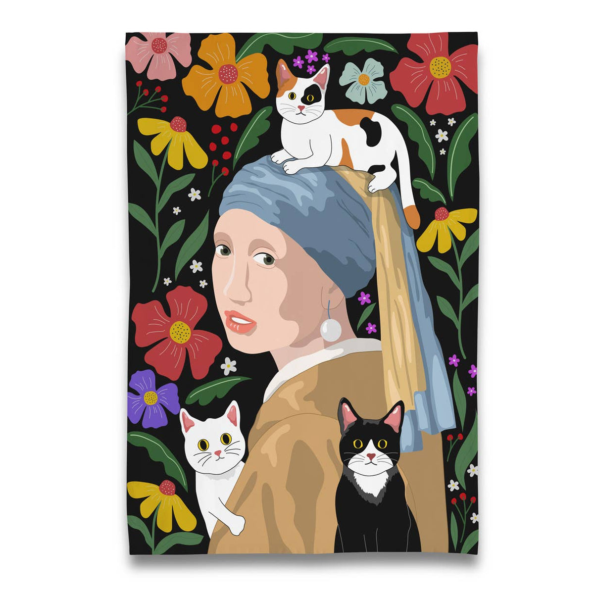 Girl with a Pearl Earring and 3 Cats - Tea Towel 