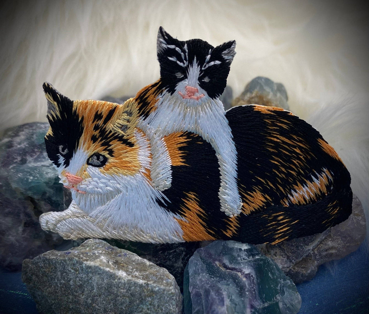 Calico Mother Cat and Kitten - Embroidered Iron on Patch