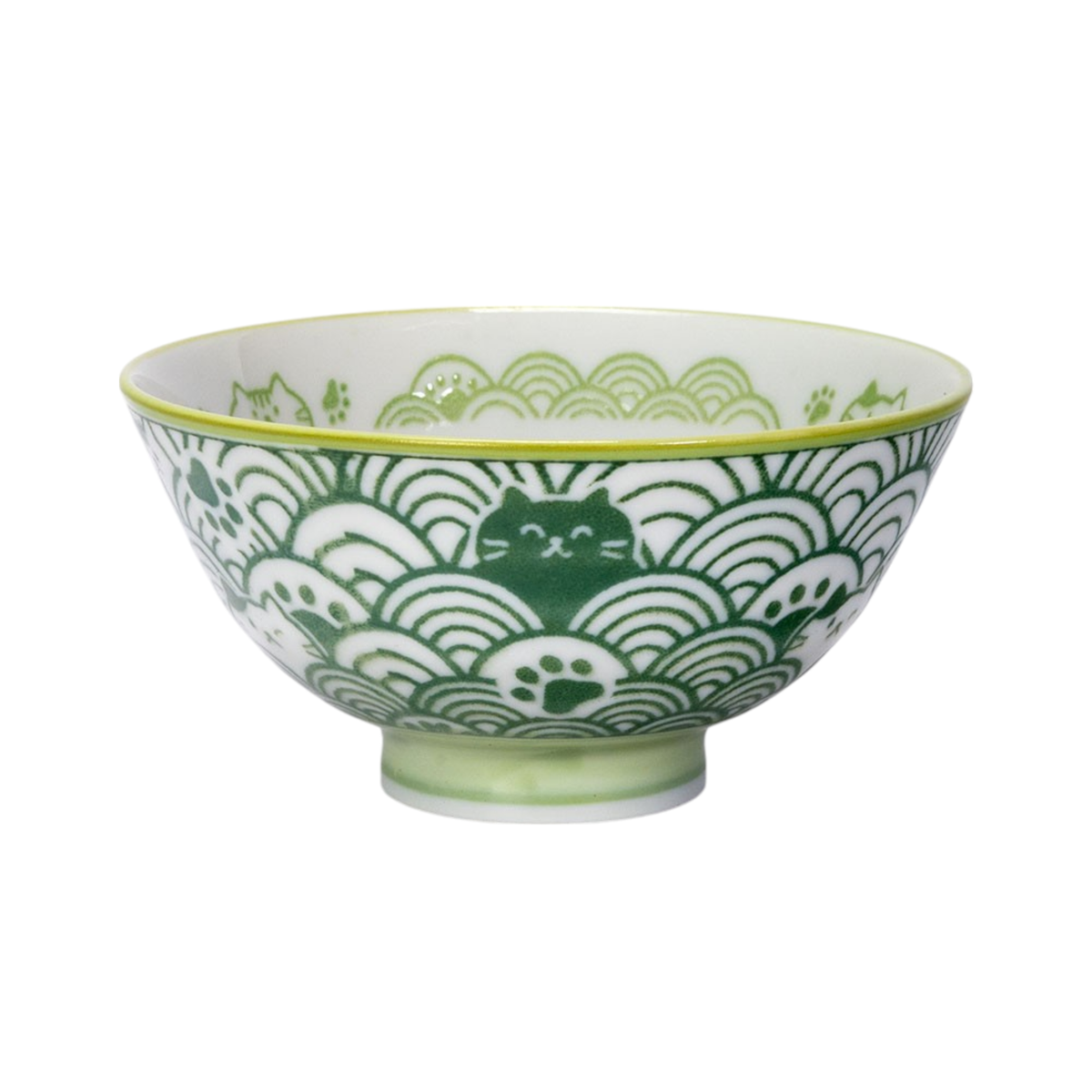 Seikaiha Neko Design - Green - Porcelain Rice Bowl