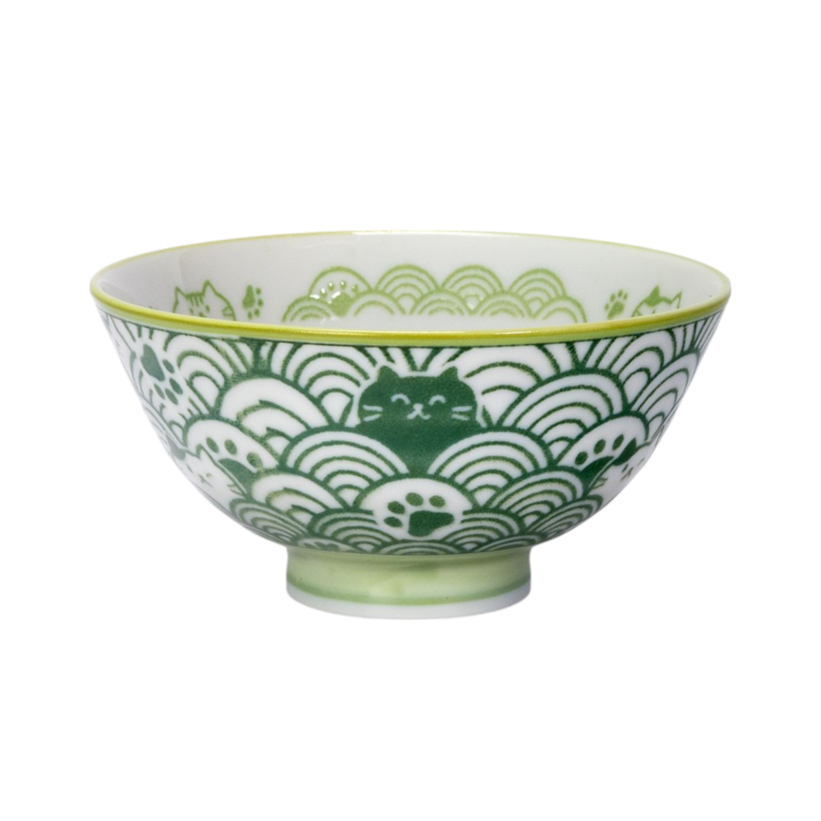 Seikaiha Neko Design - Green - Porcelain Rice Bowl