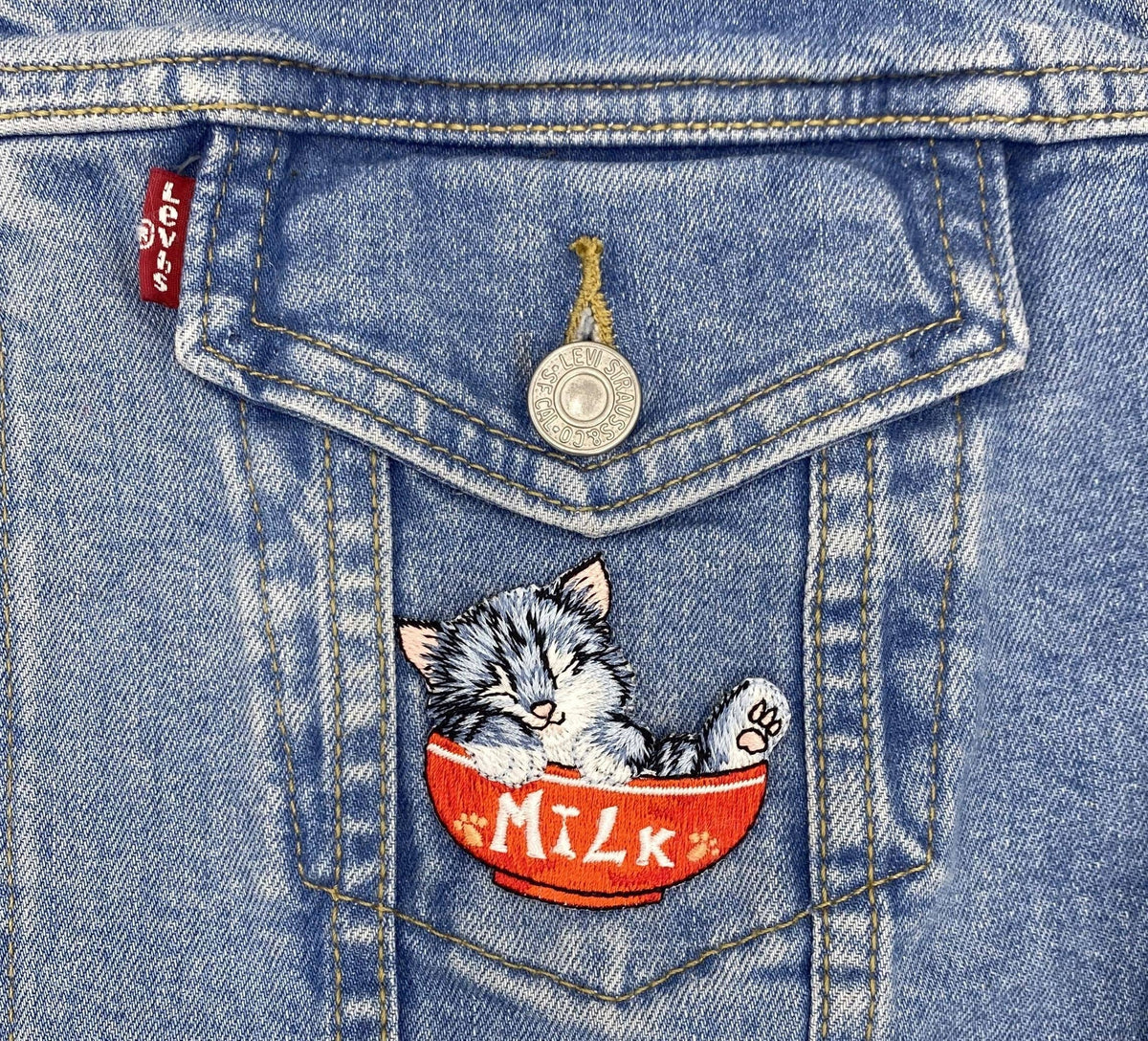Cat in Red Milk Bowl - Embroidered Iron on Patch