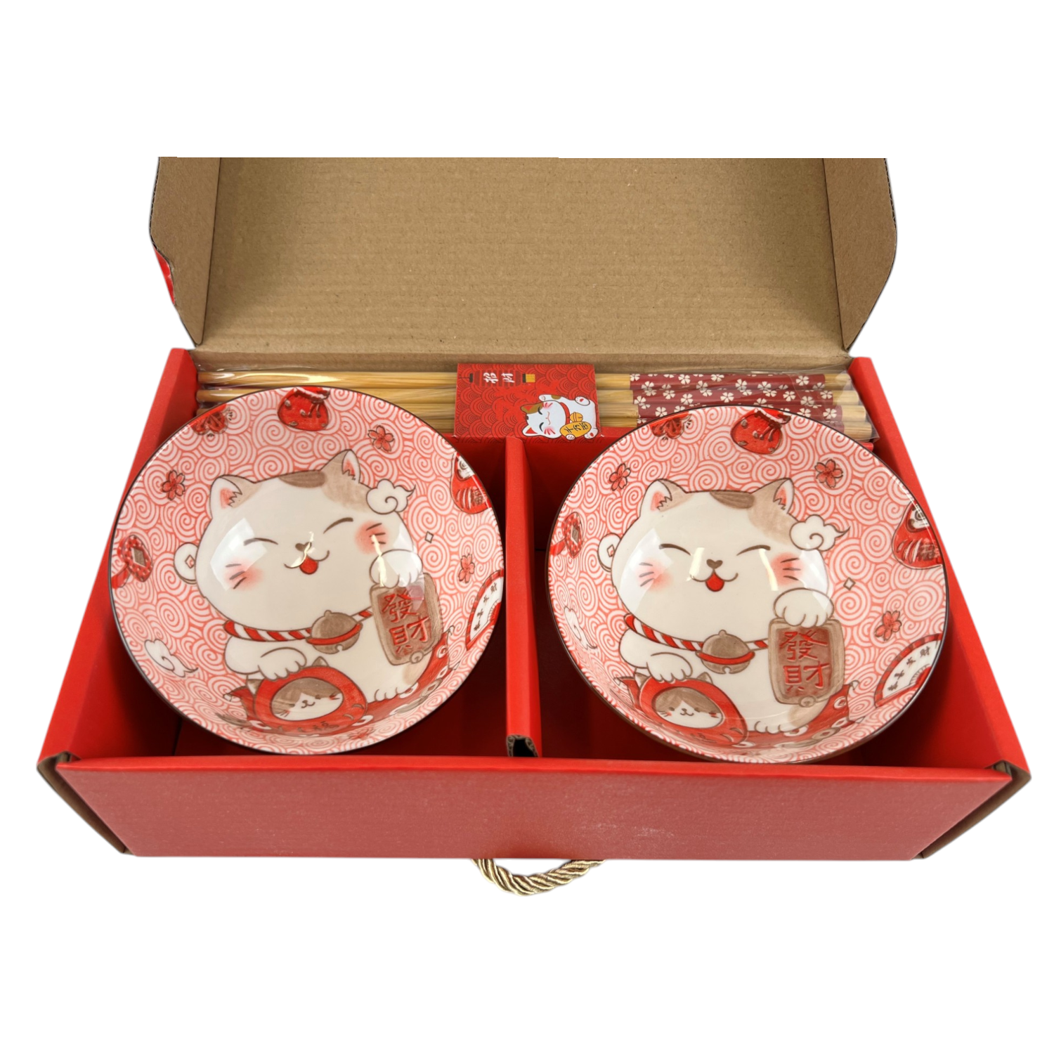 Maneki Neko Lucky Cat - Set of 2 Rice Bowls With Chopsticks