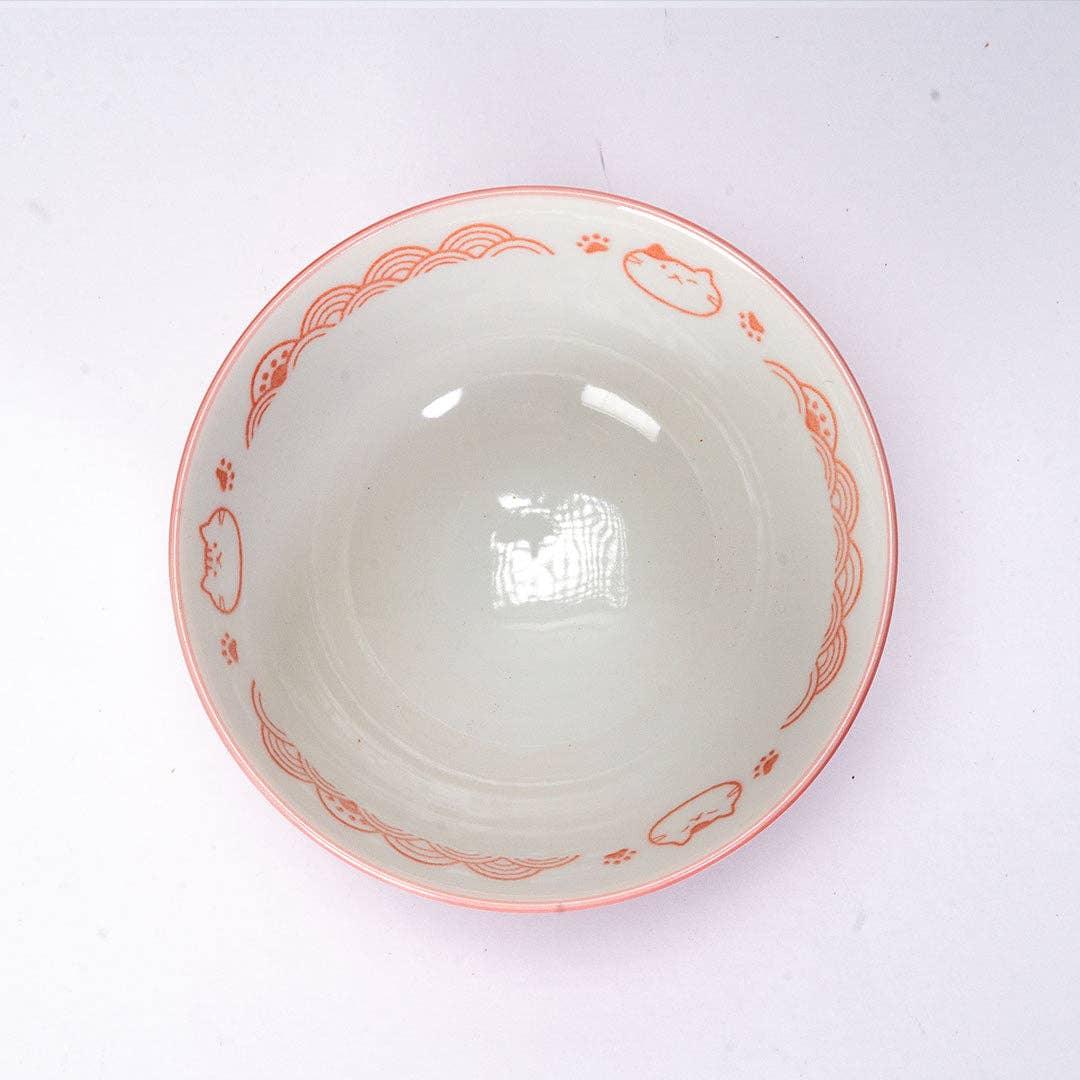 Seikaiha Neko Design - Red - Porcelain Rice Bowl