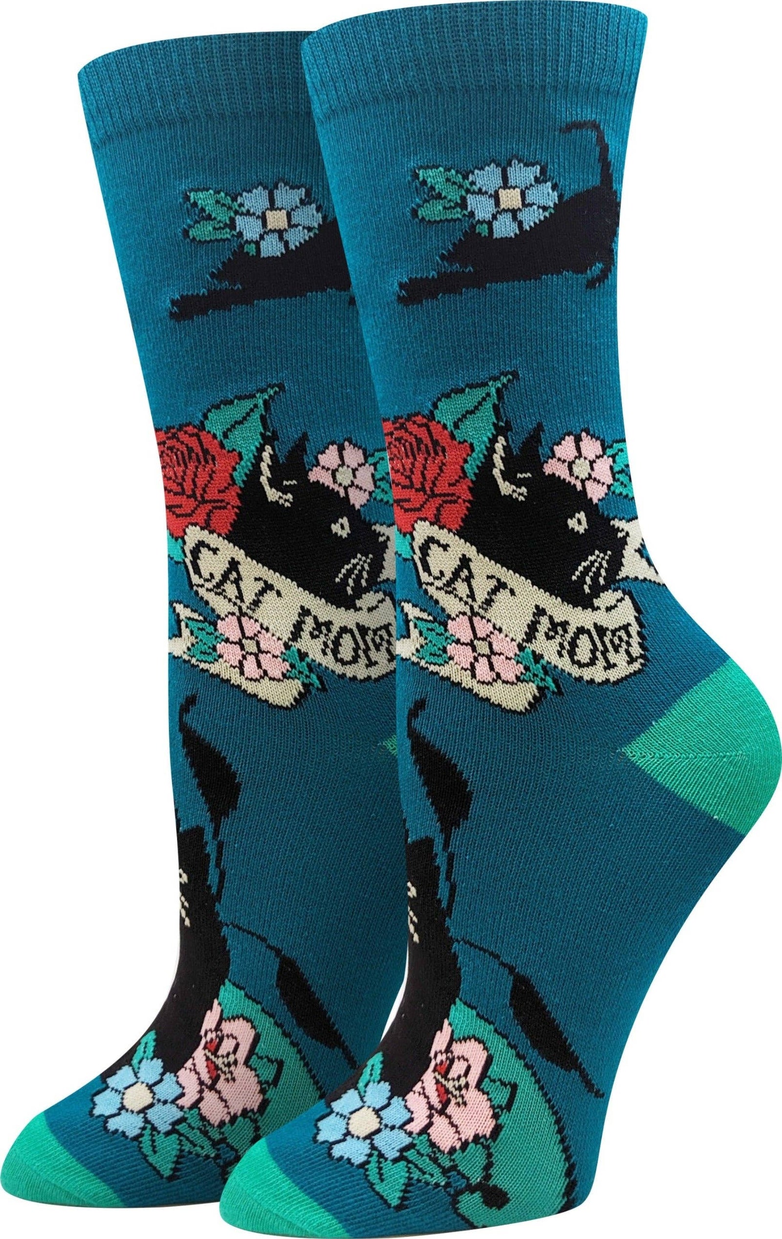 Cat Mom Socks - Teal - Crew Socks S/M